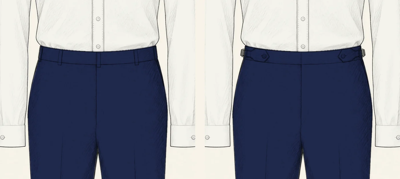 Two pairs of navy trousers drawn in pencil side by side at the waist, under white shirts: on the left a waistband with belt loops, on the right a plain waistband with a buttoned side adjuster tab and buckle on each hip