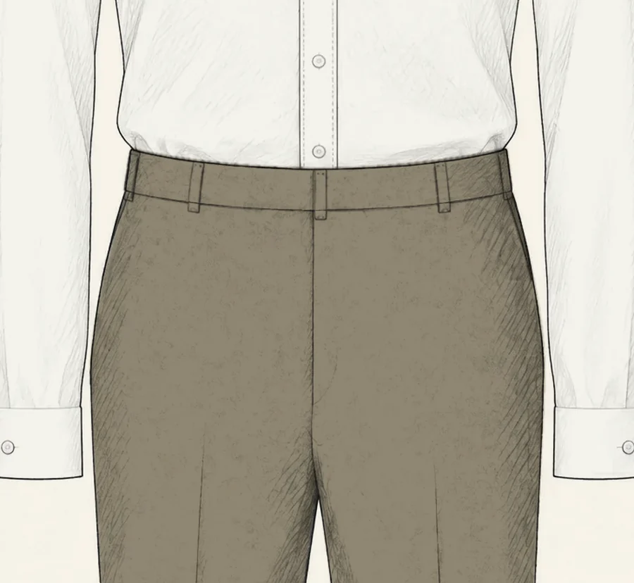 Stone linen flat-front trousers with belt loops drawn in pencil at the waist, under a white shirt