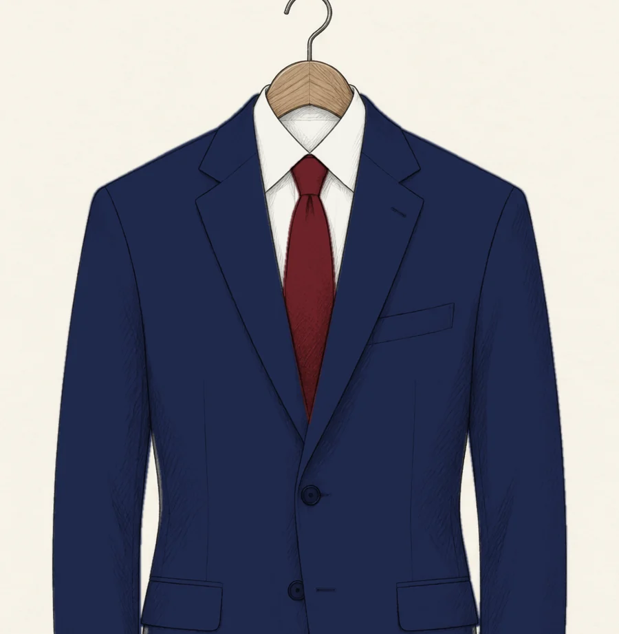 A navy single-breasted suit jacket with notch lapels drawn in pencil, over a white shirt and red tie