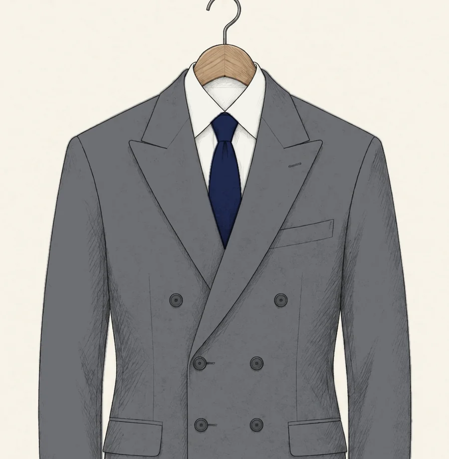 A grey double-breasted suit jacket with six buttons and peak lapels drawn in pencil, over a white shirt and navy tie