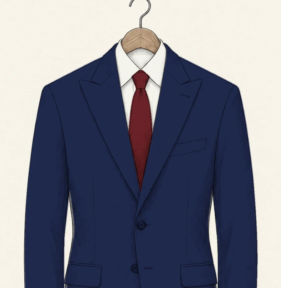 A navy single-breasted suit jacket with peak lapels drawn in pencil, the lapel points sweeping up toward the shoulders