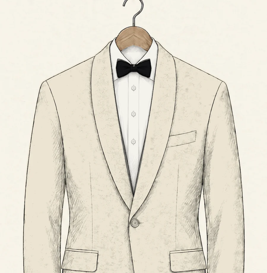 An ivory single-breasted dinner jacket with a shawl collar and one button drawn in pencil, over a white shirt and black bow tie