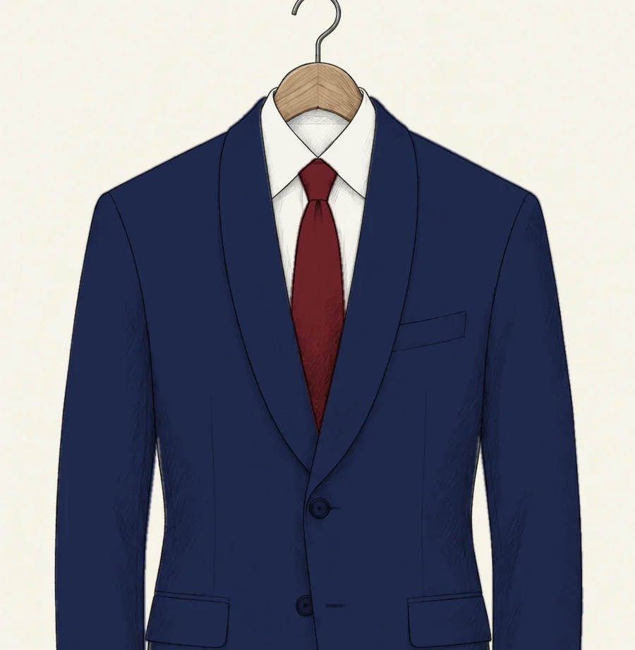 A navy single-breasted jacket with a shawl collar drawn in pencil, the lapel one smooth curve with no notch