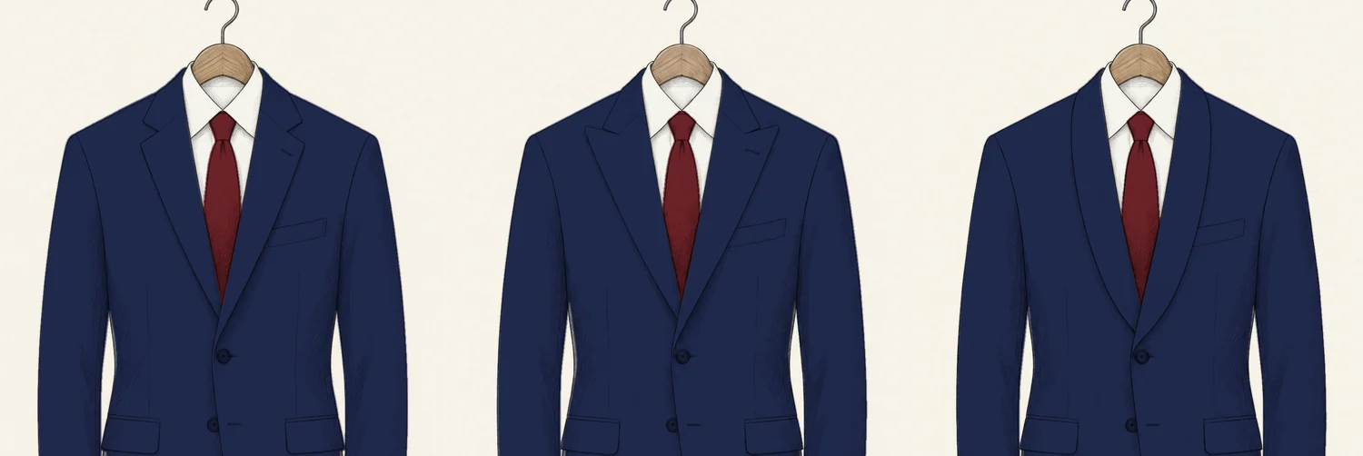 Three navy suit jackets drawn in pencil side by side, identical except for the lapel: a notch lapel, a peak lapel and a shawl collar