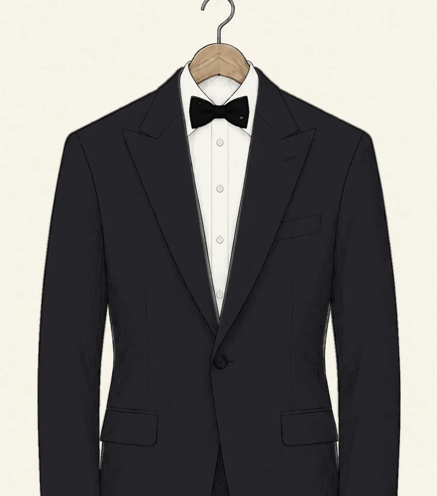 A black one-button dinner jacket with peak lapels drawn in pencil, over a white dress shirt and black bow tie