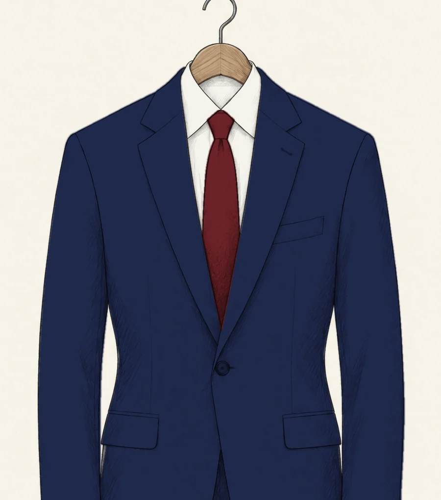 A navy one-button single-breasted suit jacket with notch lapels drawn in pencil, the lapels rolling down to a single button at the waist