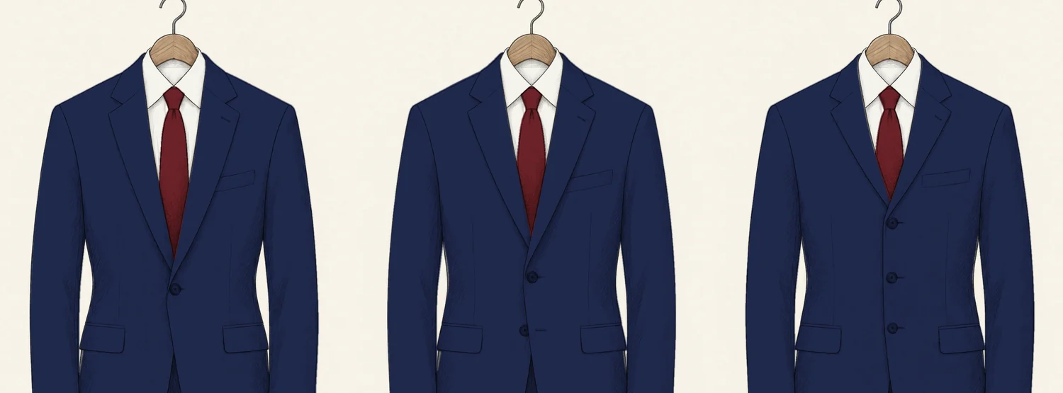 Three navy single-breasted suit jackets drawn in pencil side by side, identical except for the buttons: one button with a deep V, two buttons, and three buttons with the lapels ending high on the chest