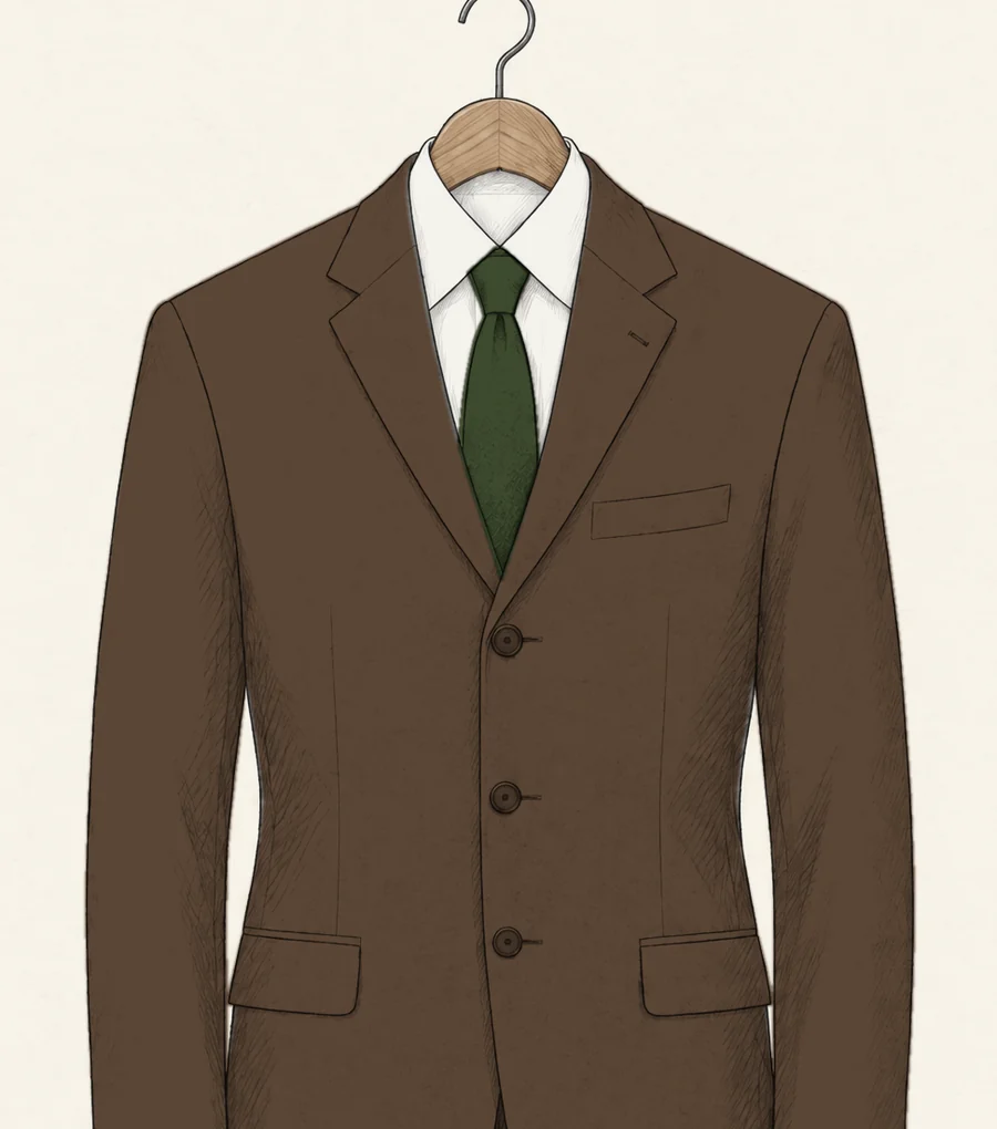 A chocolate brown three-button single-breasted jacket with notch lapels drawn in pencil, over a white shirt and green tie
