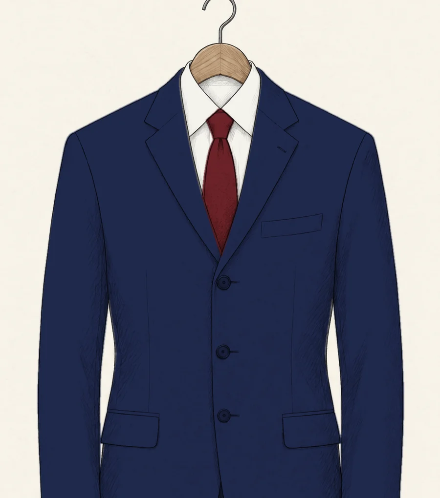 A navy three-button single-breasted suit jacket with notch lapels drawn in pencil, the lapels ending high on the chest at the top button