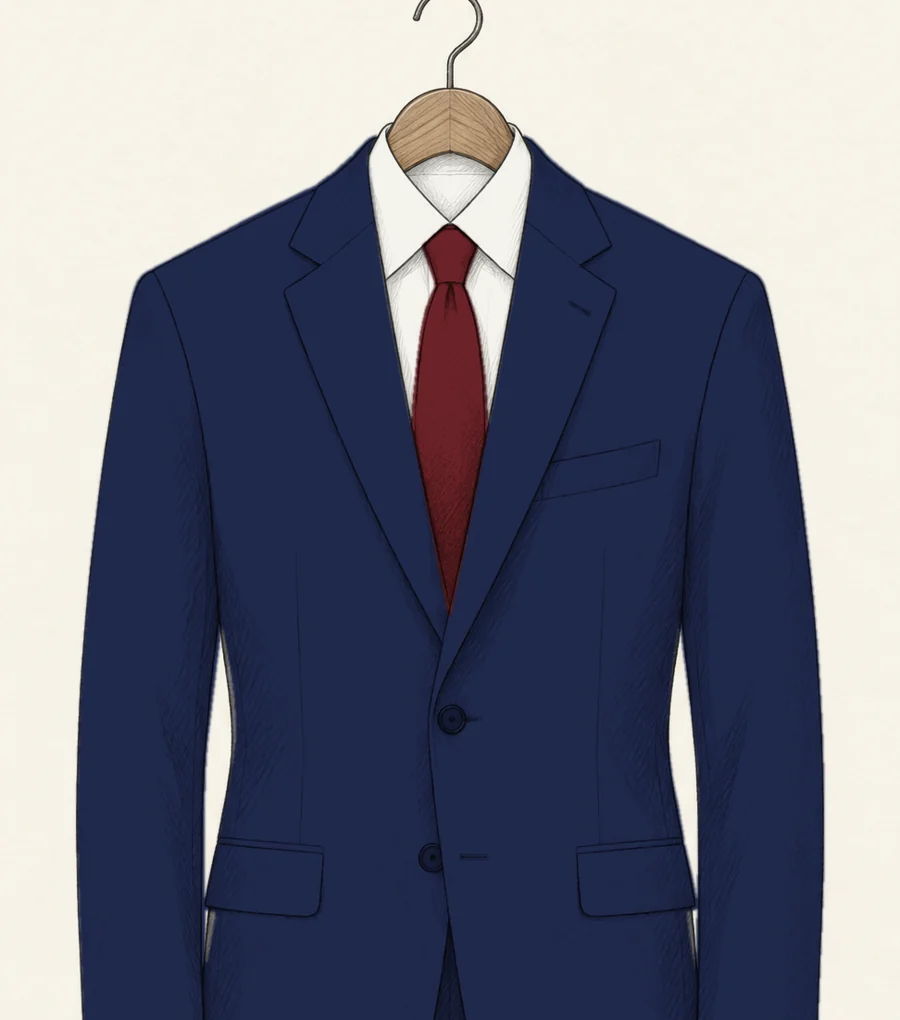 A navy two-button single-breasted suit jacket with notch lapels drawn in pencil, over a white shirt and red tie