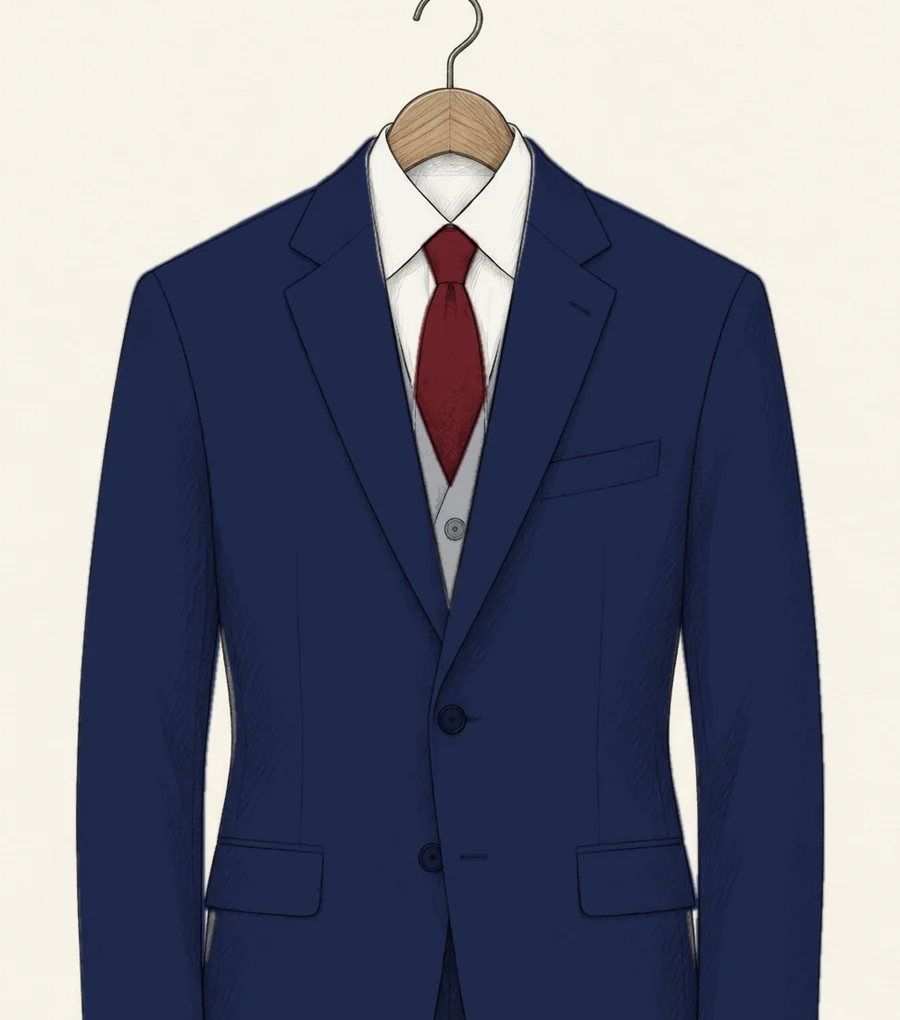 A navy suit jacket drawn in pencil over a dove grey contrast waistcoat, a white shirt and red tie
