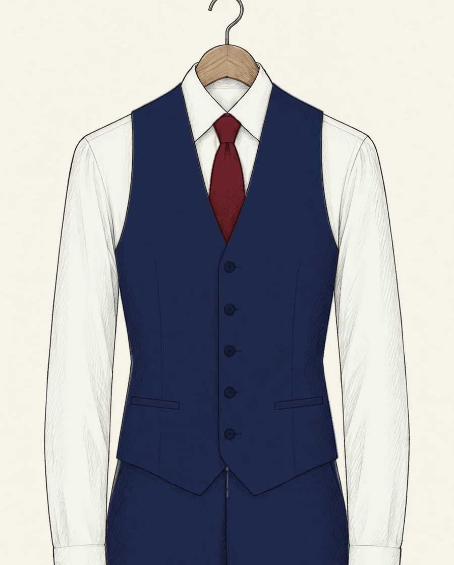 A navy five-button waistcoat and matching trousers drawn in pencil on a hanger, over a white shirt and red tie, with the jacket off