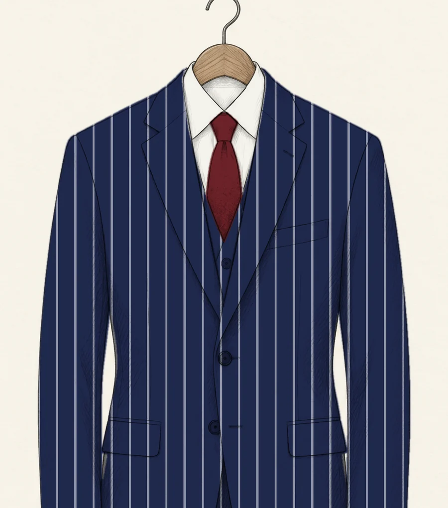 A navy chalkstripe three-piece suit drawn in pencil, the matching waistcoat showing in the V of the jacket, over a white shirt and red tie