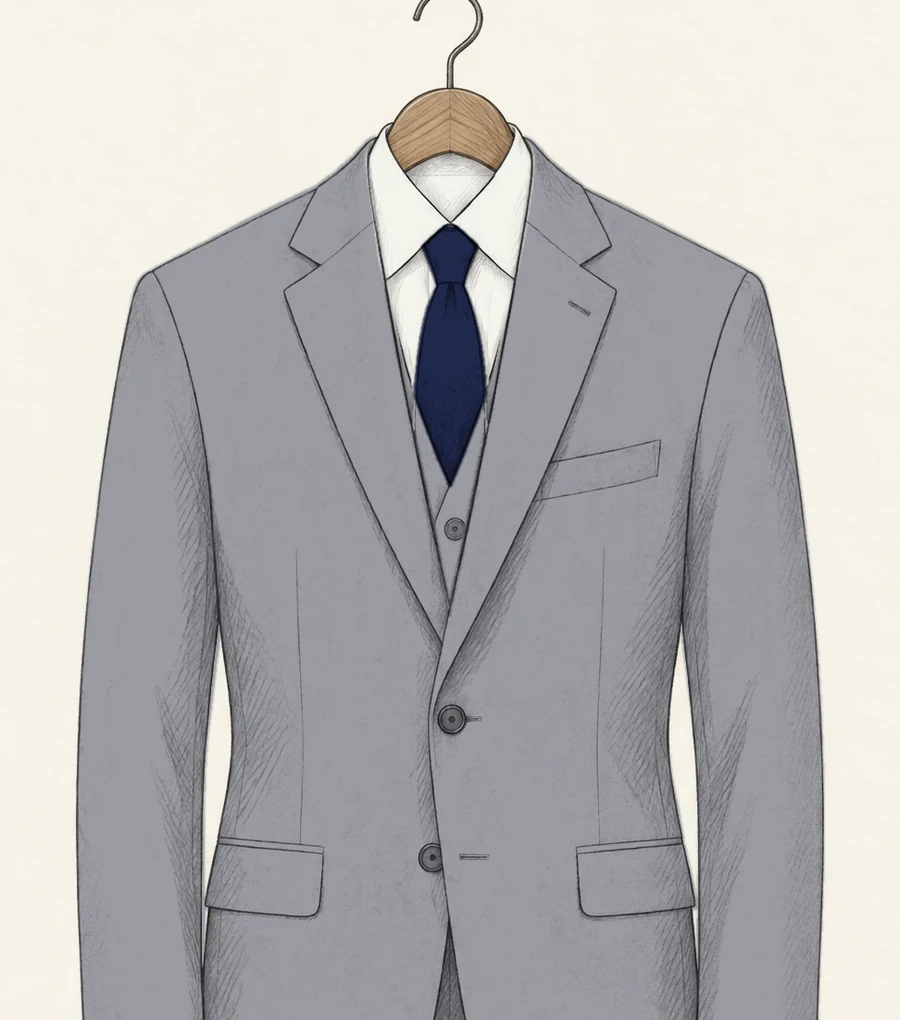 A silver grey three-piece suit drawn in pencil, the matching waistcoat showing in the V of the jacket, over a white shirt and navy tie