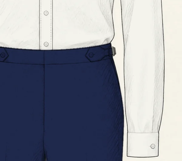 Close-up drawing in pencil of a navy trouser waistband at the hip, with a pointed tab fastened by a button and a small metal buckle at the side seam