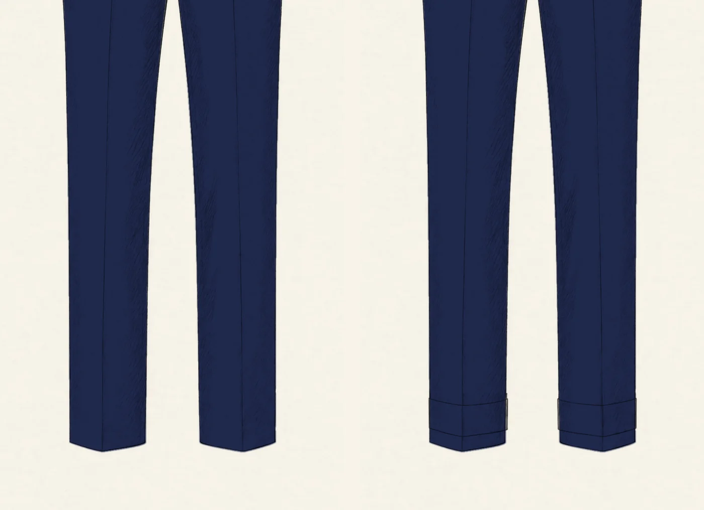 Two pairs of navy trouser legs drawn in pencil side by side from the knee down: on the left plain hems, on the right the same trousers with turn-ups folded up at the ankle