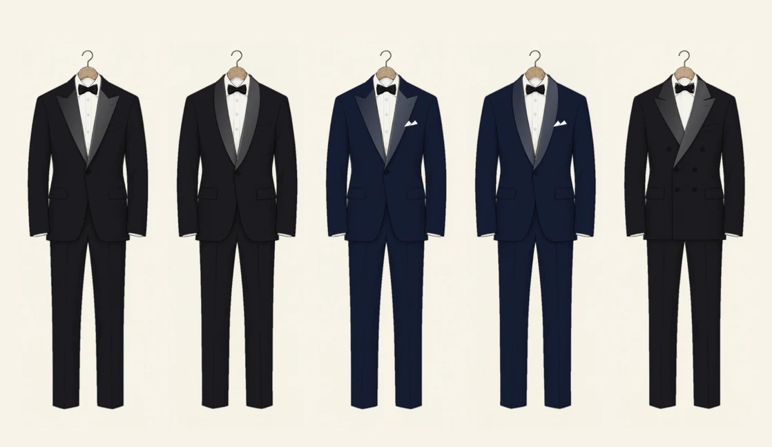 Five dinner jackets drawn in pencil in a row on hangers, all with satin-faced lapels, white shirts and black bow ties: black with peak lapels, black with a shawl collar, midnight blue with peak lapels, midnight blue with a shawl collar, and a black double-breasted with peak lapels