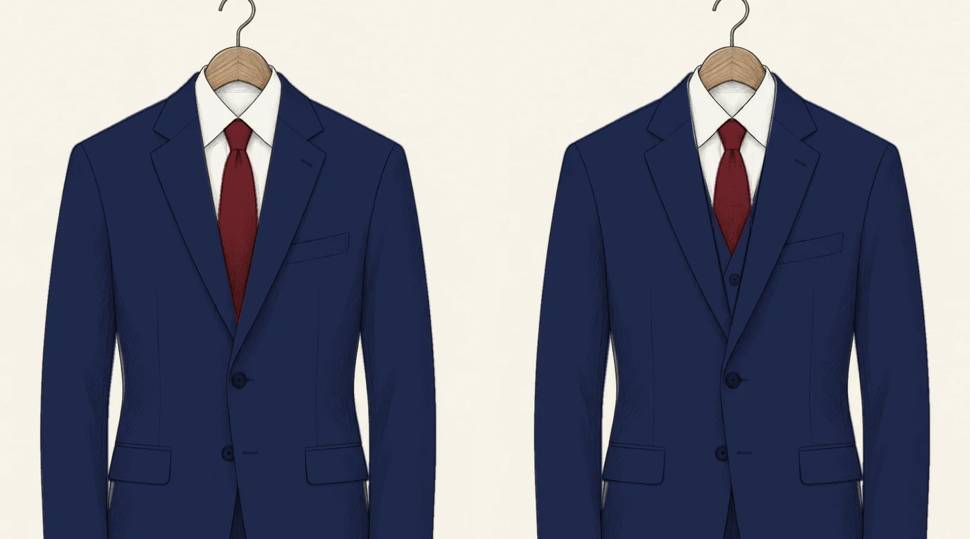 Two navy suit jackets drawn in pencil side by side: on the left a two-piece with the white shirt and red tie showing in the V, on the right the same suit with a matching waistcoat filling the V