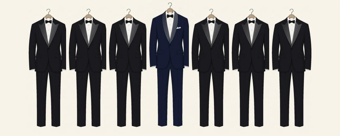 A black-tie wedding party drawn in pencil in a row: the groom in a midnight dinner jacket with a shawl collar in the middle, four groomsmen and both fathers in black dinner jackets with peak lapels and bow ties