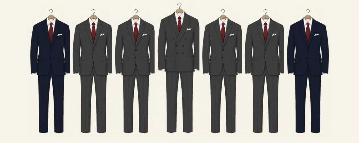 A charcoal wedding party drawn in pencil in a row: the groom in a double-breasted charcoal suit in the middle, four groomsmen in charcoal with oxblood ties, the fathers in navy at the ends