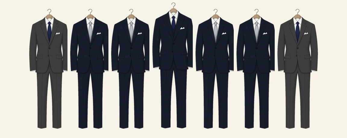 A navy wedding party drawn in pencil in a row: the groom in a navy three-piece with peak lapels and a navy tie in the middle, four groomsmen in navy with silver ties, the fathers in charcoal at the ends