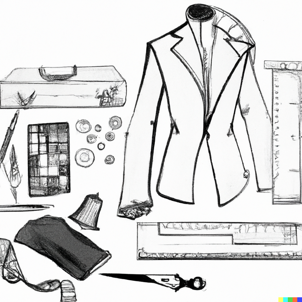DALLE 2023 02 19 213313 table full of the Tools of a tailor making a suit 2d sketch