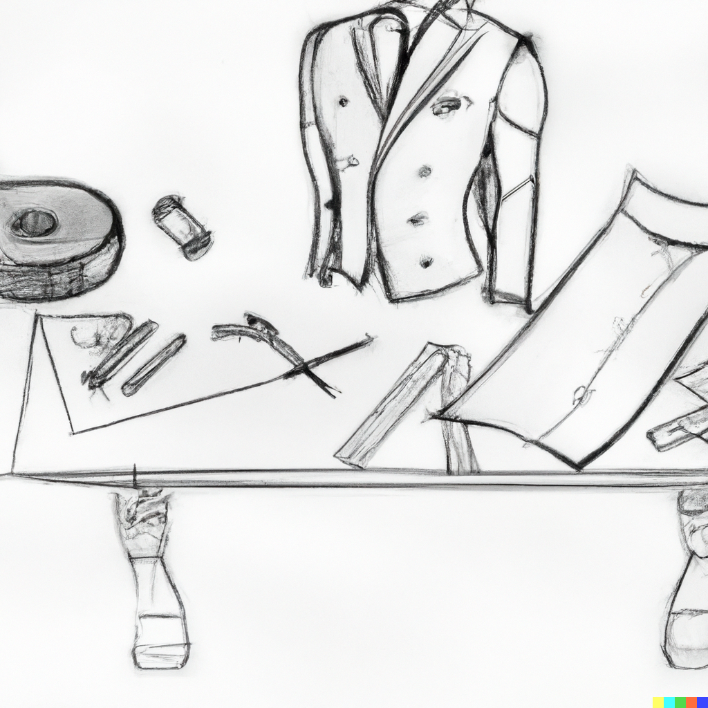 DALLE 2023 02 19 213317 table full of the Tools of a tailor making a suit 2d sketch