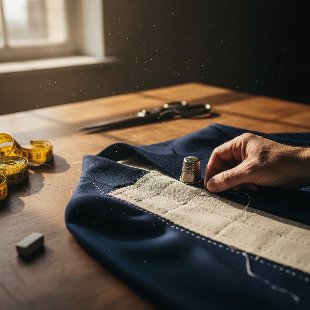 photorealistic close-up of a tailors hands working on a navy blue wool jacket - Sams Menswear Custom Suit and Shirt