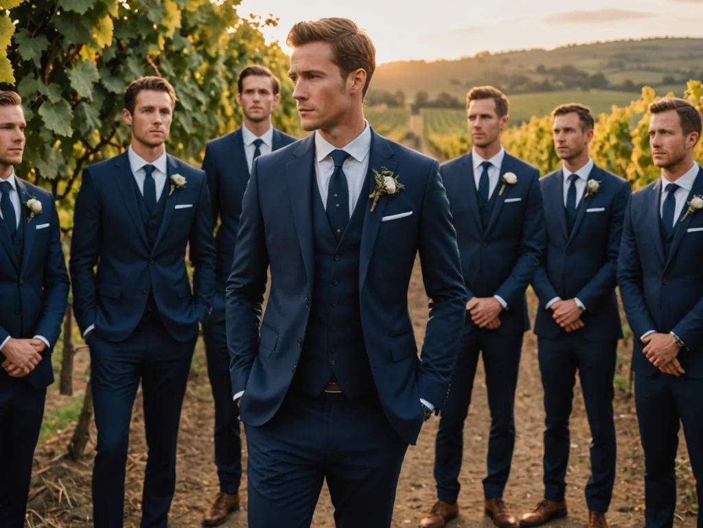 Groomsmen and groom wearing a wedding suit in Niagara Falls outdoor wedding 
